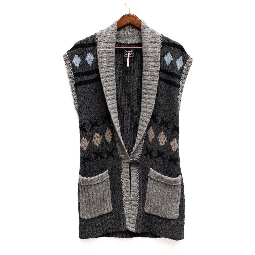 Free People Cardigan Sweater Women’s M Gray Lambswool Southwestern Long‎ Vest